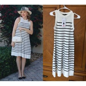 ZESICA White Black Striped Knit Pleated Midi Dress Sleeveless Size S